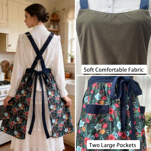 Pinafore Apron Dress for Women Adjustable Flower Work Aprons for Kitchen Cooking Baking Gardening with Pockets (Olive Green)