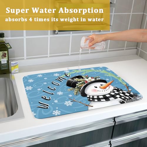 Christmas Snowman Dish Drying Mat for Kitchen Counter 18x24 Blue White Snowflake Welcome Winter Holiday Absorbent Reversible Microfiber Drying Mats Kitchen Countertop Protector Dishes Drainer Rack Pad (18" x 24")
