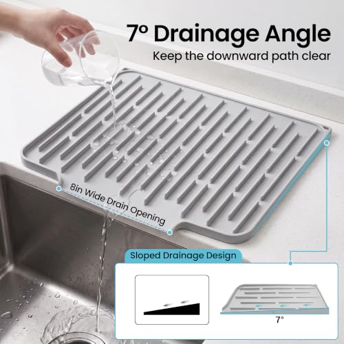 Foldable Silicone Dish Drying Mat for Kitchen Counter & Sink (Light Gray / 15.7" x 12.3")