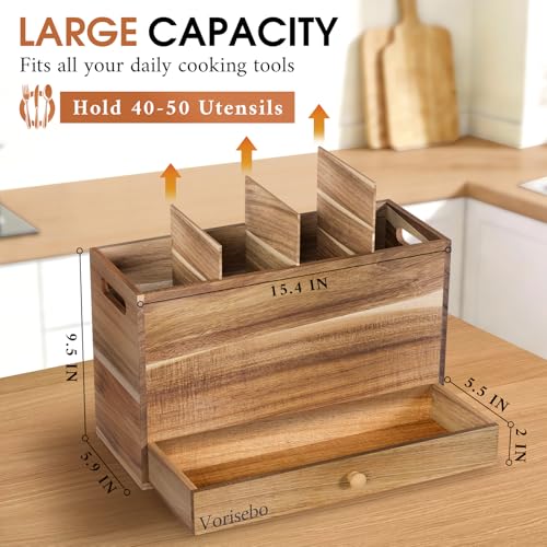 Acacia Wood Kitchen Utensil Holder with Drawer
