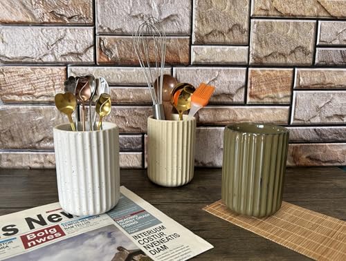 Stoneware Coffee Bar Utensil Holder Tea & Coffee Spoon & Stirrer Holder for Stir Stick Straw Teaspoon Holder Espresso Spoon Cup Small Utensil Jar Fluted Vertical Stripe (Speckled White)