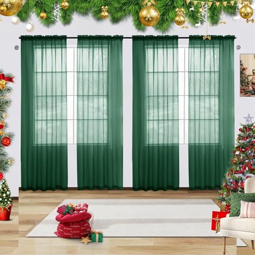 Solid Sheer Rod Pocket Curtain Voile Draperies 4 Panels White Beige Black Grey Ivory 52 Inch Width 54 Inch Long 1 Pair for Kitchen Bedroom Children Living Room Yard (Foliage Green / 52"W x 54"L (Pack of 4))
