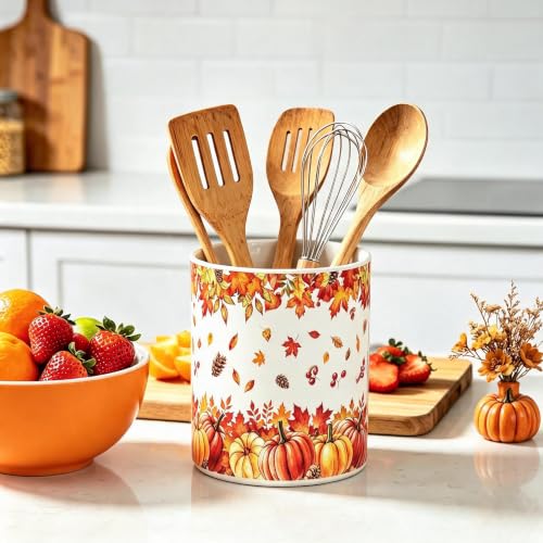Fall Ceramic Utensil Holder Orange Watercolor Pumpkin Maple Leaf Kitchen Crock for Autumn Harvest Thanksgiving Countertop Storage Organizer (Orange Maple Leaf)