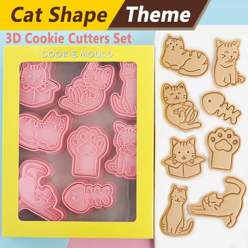 8 Pcs Cookie Cutters Set 3D Holiday Cookie Cutters for Party Baking Decoration (Cats (8 Pcs))