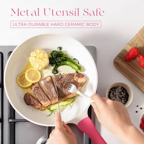 Nonstick Ceramic Frying Pan with Lid (10" W/Lid / Raspberry Red)