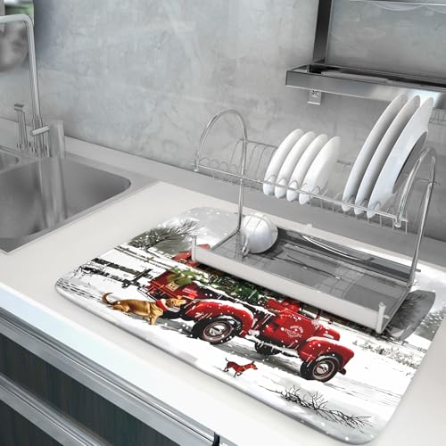 Red Truck Christmas Dish Drying Mat for Kitchen Counter 18x24 Inch Winter Xmas Tree Snowman Dog Print Absorbent Reversible Microfiber Drying Mats Kitchen Countertop Protector Dishes Drainer Rack Pad