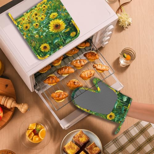Vintage Sunflower Oven Mitts and Pot Holders Sets Flower Oil Painting Silicone Heat Resistant Kitchen Oven Gloves Pot Holder for Cooking Baking Grilling BBQ (Vintage Sunflower)