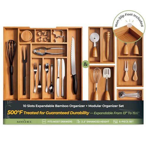6 Piece Bamboo Drawer Organizer Set (Bundle: 10 Slots (Expandable) + 5 Pc Set)