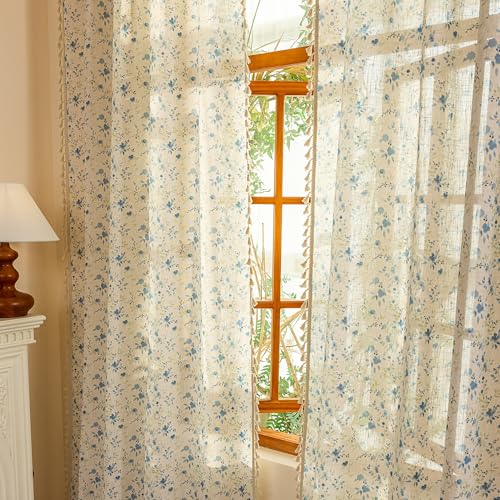 Blue Floral Semi Sheer Boho Linen Curtains 63 Inch Length 2 Panels for Living Room Bedroom Light Filtering Spring Vintage Farmhouse French Tassels Back Tab Drapes (Blue and Green / 50"W x 63"L (Pack of 2))
