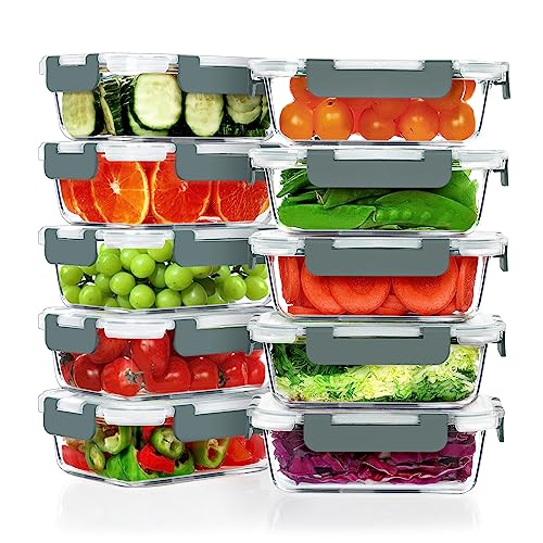 10 PACK 22 OZ Glass Meal Prep Containers Set with Lids (Grey)