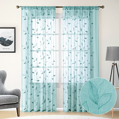 Turquoise Sheer Curtains Leaf Embroidered (52"W x 84"L (Pack of 2) / 5-turquoise)