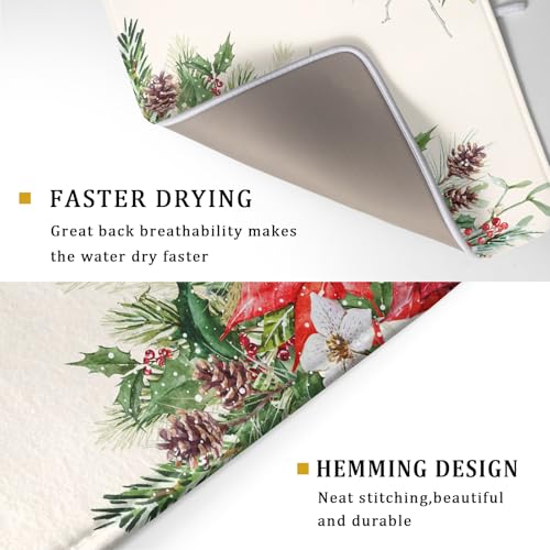 Poinsettia Dish Drying Mat for Countertop 18"x24" Christmas Red Floral Winter Holly Berries Dish Drainer Mats Absorbent Microfiber Dish Drying Pad Protector for Kitchen Home Decor Large (24" x 18")