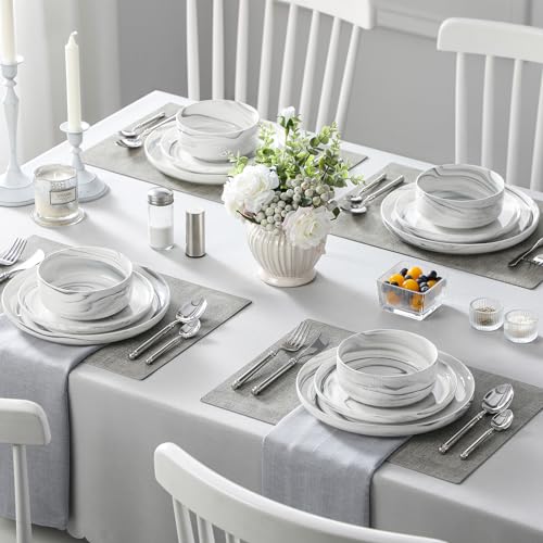 12 Pcs Porcelain Plates and Bowls Sets (Marble Grey / 12 Pcs (Service for 4))