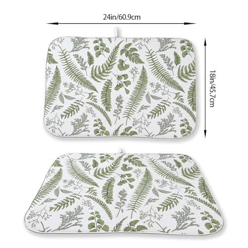Sage Green Herb Leaves Dish Drying Mat 18 x 24 Inch Vintage Sage Green Leaf Plant Drying Mat for Kitchen Counter Absorbent Spring Summer Botanical Dishes Dry Pad for Drainer Rack Kitchen Fast Dry (Sage Green Leaf / 18" x 18")