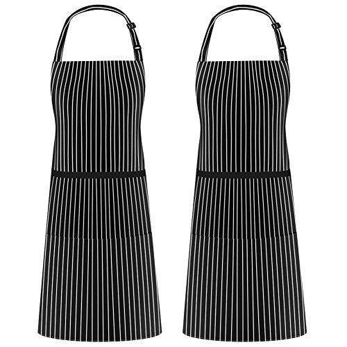 2 Pack Adjustable Bib Apron Thicker Waterdrop Resistant with 2 Pockets Cooking Kitchen Aprons for Women Men Chef (Stripe Black Pin / 2 Polyester)