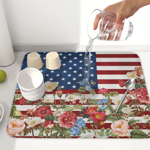 4th of July Dish Drying Mat 18x16 Inch (Patriotic Floral Blue Red / 18" x 16")