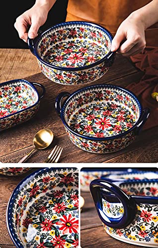 Red Daisy Flower Vintage Style Ceramic Bakeware Casserole Dish Baking Pan Lasagna Pans Baking Dish with Handles for Oven (RedDaisy / 32 OZ)