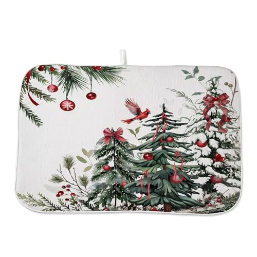 Christmas Dish Drying Mat 18 x 24 inch Winter Christmas Tree Pine Trees Decorative Drying Mats Microfiber Absorbent Xmas Decor Dish Washable Draining Mat for Kitchen Counter (18" x 24" / Christmas2)