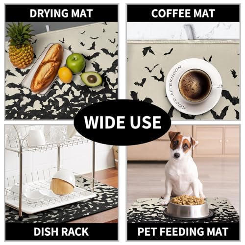 Halloween Bats Halloween Dish Drying Mat for Kitchen Counter 16x18 Inch Microfiber Absorbent Drying Mats Washable Dishes Drainer Mats Reusable Dish Rack Pad for Coffee Bar (Halloween Bats-b / 16" x 18")