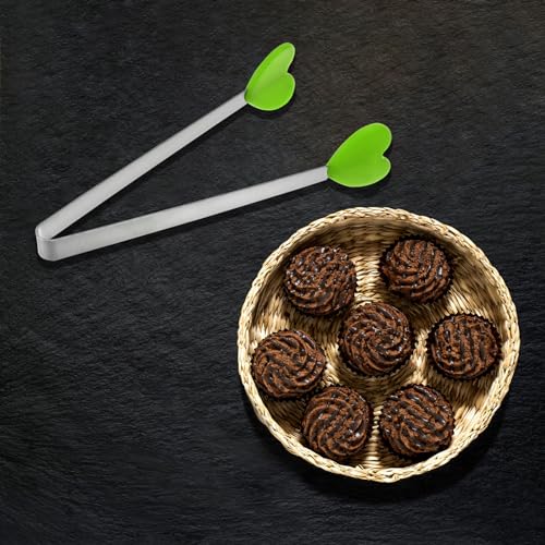Mini Food Tongs 5.3" Heart Shape Stainless Steel with Silicon Tips Small Cooking Tongs Kitchen Food Tongs Serving Tongs for Cooking Grilling BBQ Barbecue Kitchen (Green)