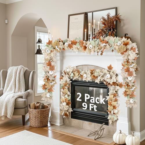 Neutral Fall Garland for Mantle Fireplace (9FT)