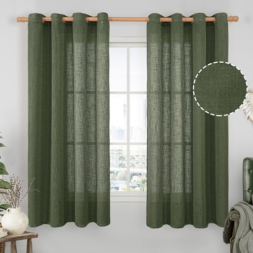 Olive Green Sheer Linen Curtains 63 inch Length for Bedroom (52"W x 63"L (Pack of 2) / Olive Green)