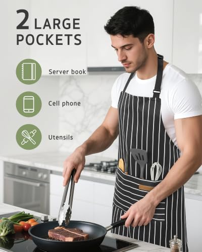 2 Pack Kitchen Apron with 2 Pockets for Women (Stripe Black Red / 2 Polycotton)
