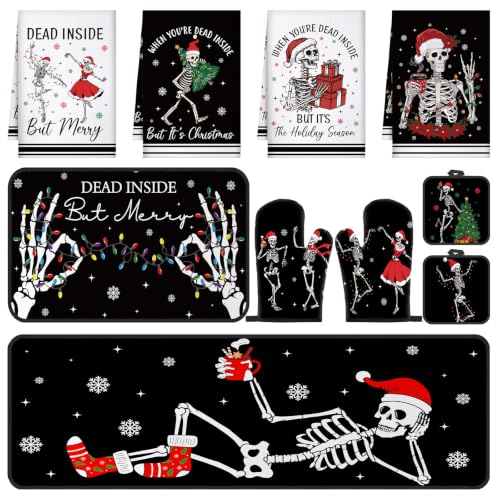 10 Pcs Christmas Skeleton Kitchen Decor and Accessories Set Kitchen Towels Pot Holders Oven Mitts Rugs and Tape for Baking Cooking BBQ Festive Housewarming Gifts (Black,white / Halloween Skeleton)