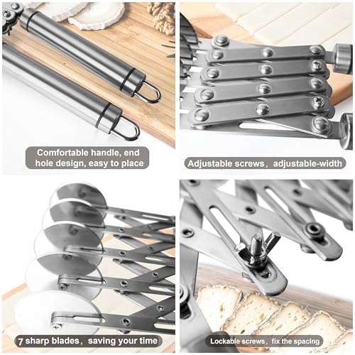 Brand Pastry Cutter with Grinder Spaghetti Dough Roller Knife Stainless Steel Pizza Slicer Pasta Wheeling Attice Roller Adjustable Dough Divider with Handle (7 Wheels)