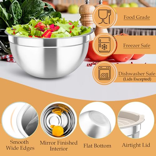 Mixing Bowls Stainless Steel Nesting Salad Bowls Set (Khaki / Airtight Lids)
