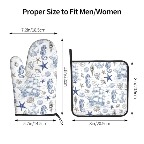 Navy Blue Oven Mitts and Pot Holders Sets Summer Beach Starfish Seashell Oven Glove Hot Pads for Kitchen Nautical Chef Gifts for Cooking Lover Cooks (Ocean Nautical)