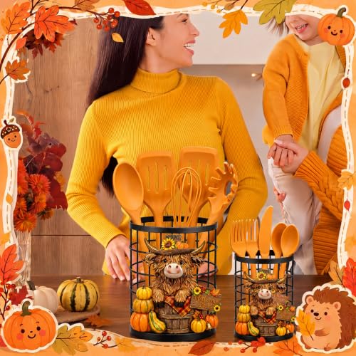 2 Pcs Fall Pumpkin Utensil Holder Highland Cow Decor (Fall)
