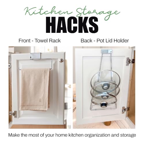 2-in-1 Pot Lid Organizer with Towel Holder - 2 Pack, 3-Tier Cabinet Door Rack - Space-Saving Kitchen Organizer for Glass or Metal Pan Lids & Towels - Over the Door Design - Chrome (Set of 2 / Chrome - Over the Door Design)