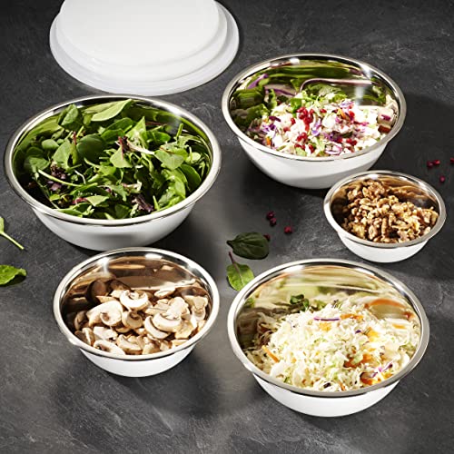 10 Piece Stainless Steel Mixing Bowl Set with Lids for Food Prep & Storage (White Bowls - With White Lids)