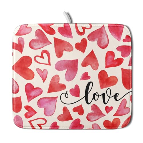 Valentine's Day Red and Pink Heart Dish Drying Mat 16x18 Inch (Heart Pink / 16" x 18")
