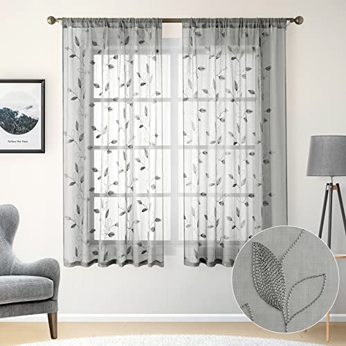 Light Grey Sheer Curtains Leaf Embroidered (52"W x 63"L (Pack of 2) / 3-grey)