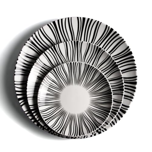 10" Black and White Striped Ceramic Plates Set of 6 (White plates with black stripes / 10 inch)