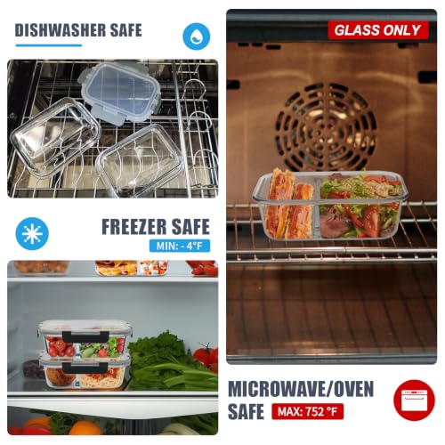 6 Pack 2 Compartment Glass Meal Prep Containers with Lids (34oz, 2 Compartment-Grey)