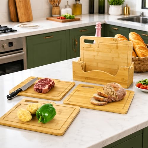 4 Pack 12.5"L x 9.8"W Bamboo Cutting Boards with Holder