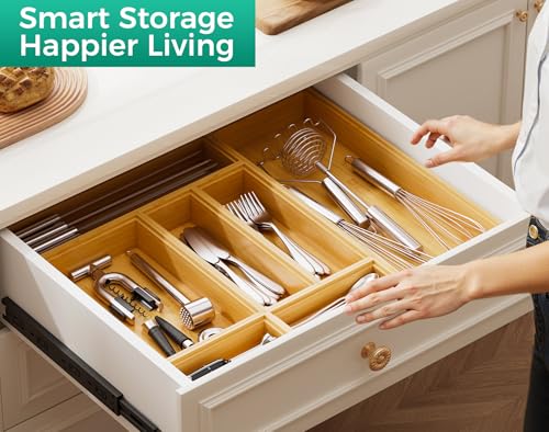Bamboo Kitchen Drawer Organizer Boxes 12" x 6" Stackable Wooden Organizers (Bamboo / 12" x 6" x 2")