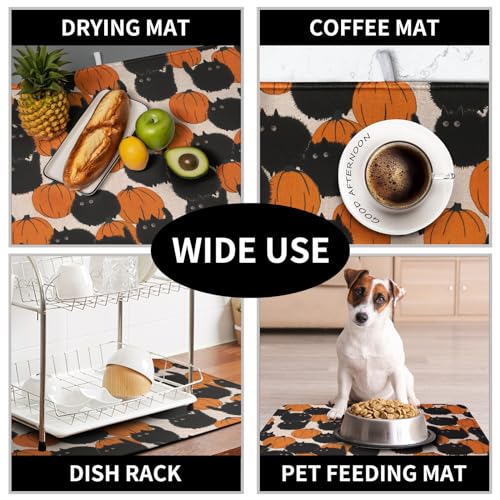 Happy Halloween Dish Drying Mat for Kitchen Counter 18x24 Inch Cute Pumpkin Black Cat Trick or Treat Drying Mats Large Microfiber Absorbent Dish Rack Pad for Coffee Bar Sinks Home Accessories (Halloween Cat / 18" x 24")