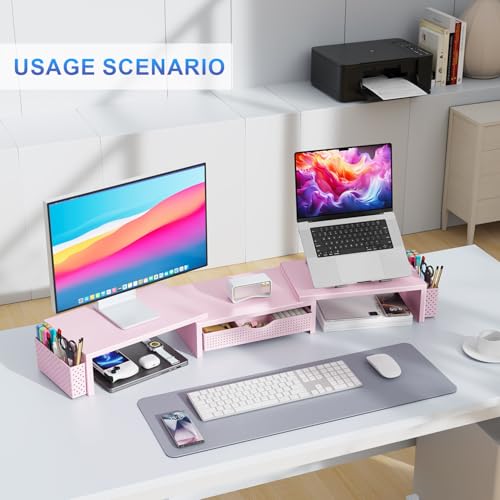 Dual Monitor Stand Riser With Drawer and 2 Pen Holders (Pink)
