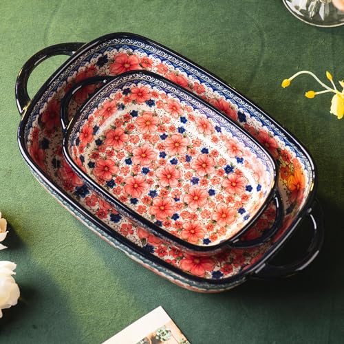 Baking Dish Ceramic Baking Pan Blue Casserole Dish Porcelain rectangular Baking Set 2pcs Bakeware Sets single serving size Lasagna Pan Baking Dishes for oven (Plum flower)