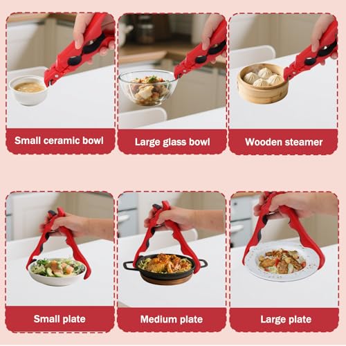 2pcs 3-in-1 Hot Plate Grippers, Premium Non-Slip Kitchen Anti-Scalding Clips High Temperature Resistant Kitchen Dish Tongs Holder for Bowl & Plate Lifter and Can Opening (Red)