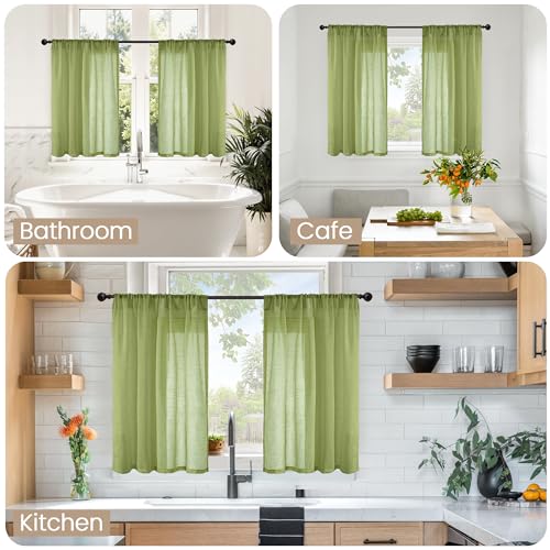 Olive Green Linen Curtains 36 Inch Length for Short Kitchen Window (Green / 42"W x 36"L (Pack of 2))