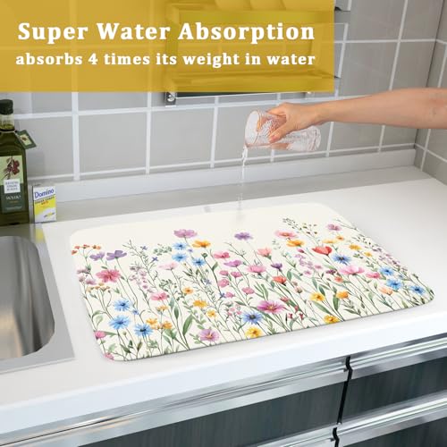 Spring Floral Dish Drying Mat 18"x24" Watercolor Summer Wildflower Dish Drainer Mats Herb Flower Reversible Absorbent Dish Drying Pad Decor for Kitchen Countertop Dining Room (24" x 18")