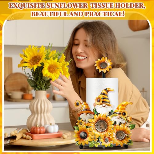 Sunflower Paper Towel Holder Summer Sunflower Gnome Kitchen Decor and Accessories Rustic Farmhouse Dispenser Kitchen Paper Holder Stand with Round Base for Countertop Toilet Home Accessories (Sunflower)