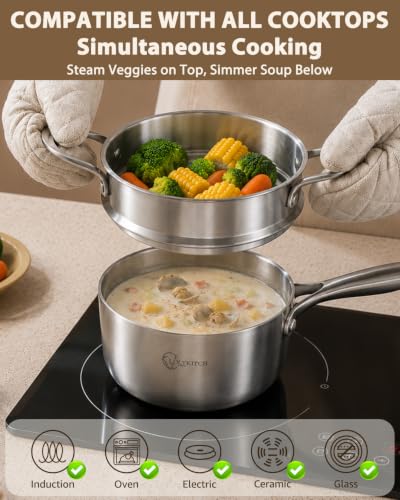 3 Quart Stainless Steel Saucepan with Steamer & Glass Lid (Silver)