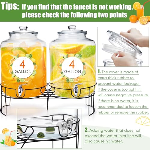2 Pack 4 Gallon Glass Drink Dispenser for Parties Large Glass Beverage Dispenser with Stand and Spigot Leakproof Water Storage Lemonade Juice Jar Mason with Lids for Wedding Parties Kitchen (4 Gallon)