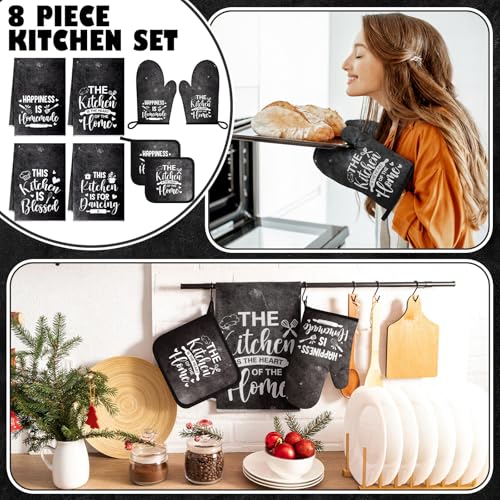 8 Pcs Kitchen Towels and Oven Mitts Sets Pot Holders Dishcloths Set Kitchen Decorative Accessories Absorbent Potholders Heat Resistant for Chef Baking Cooking (Black / Simple)